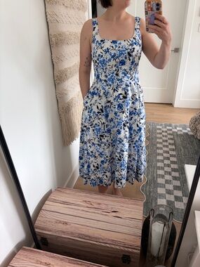 Blue Floral A-Line Sleeveless Square Neck Dress Size Small